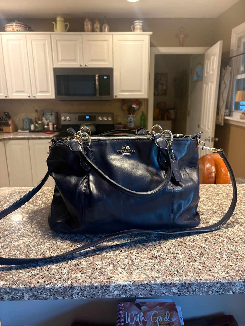 Coach Navy Leather Shoulder Bag with Removable Strap collette carryall
